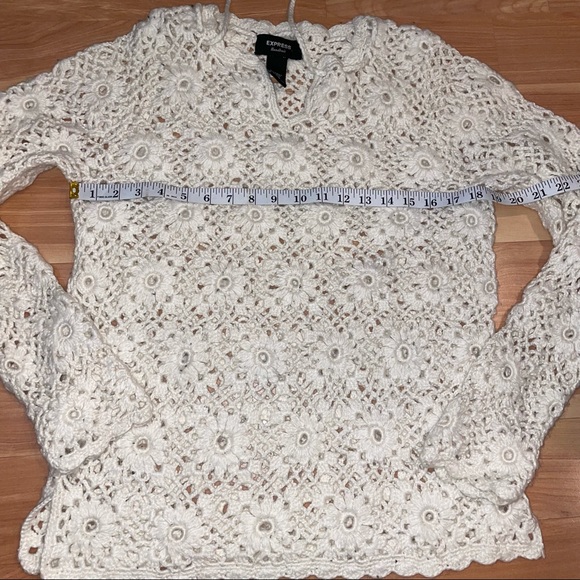 EXPRESS Handknit Open Knit Cream Ivory  granny chic Crochet Wool  Sweater Small - Picture 6 of 13